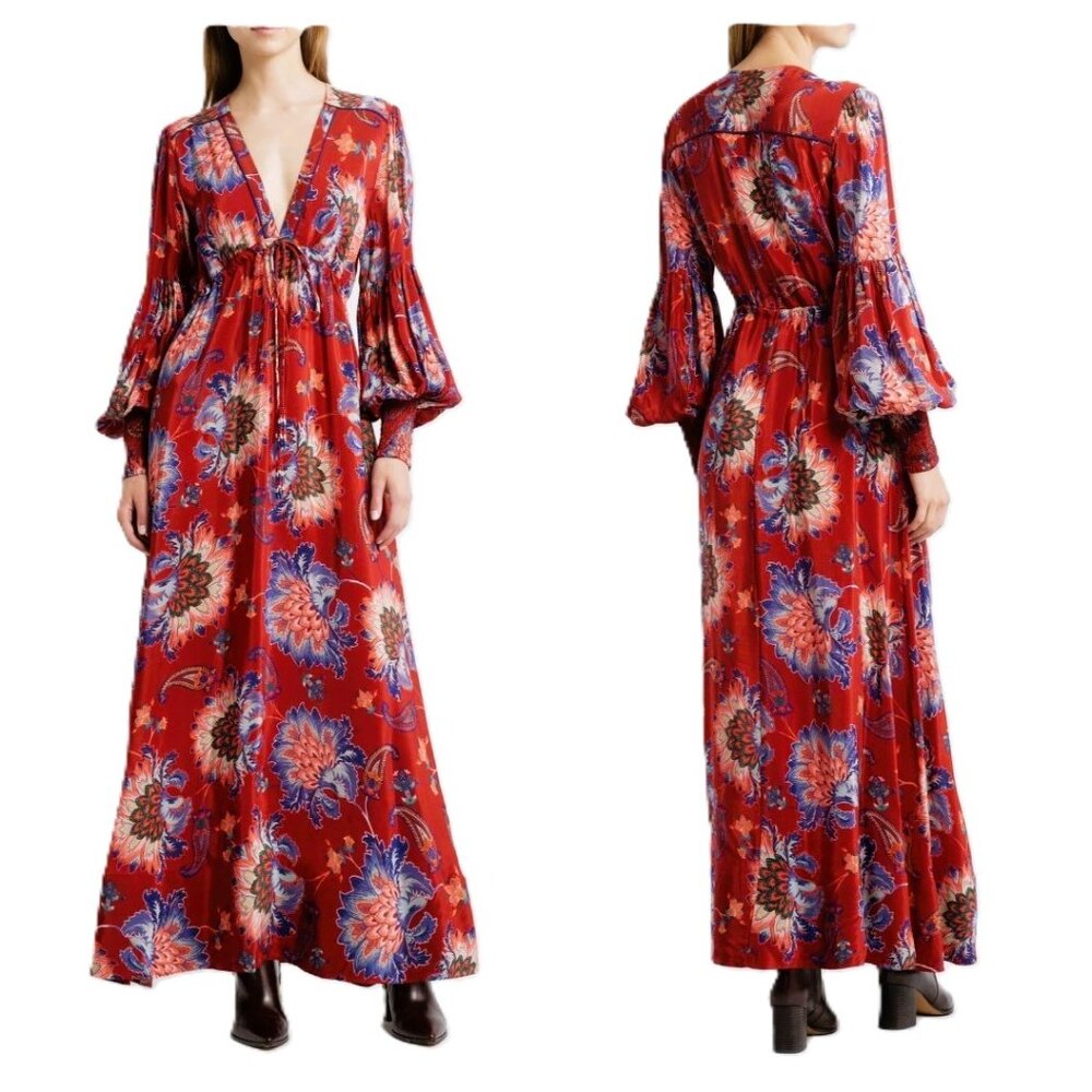 FARM RIO Long Sleeve Maxi Dress Red Size XS MSRP $298.00